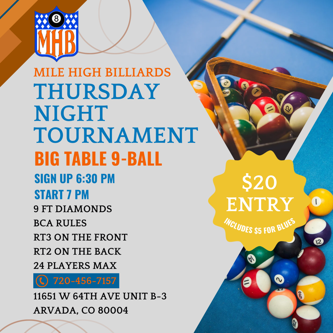 MHB Thursday Night Big Table Nine-Ball (8/27) tournament flyer