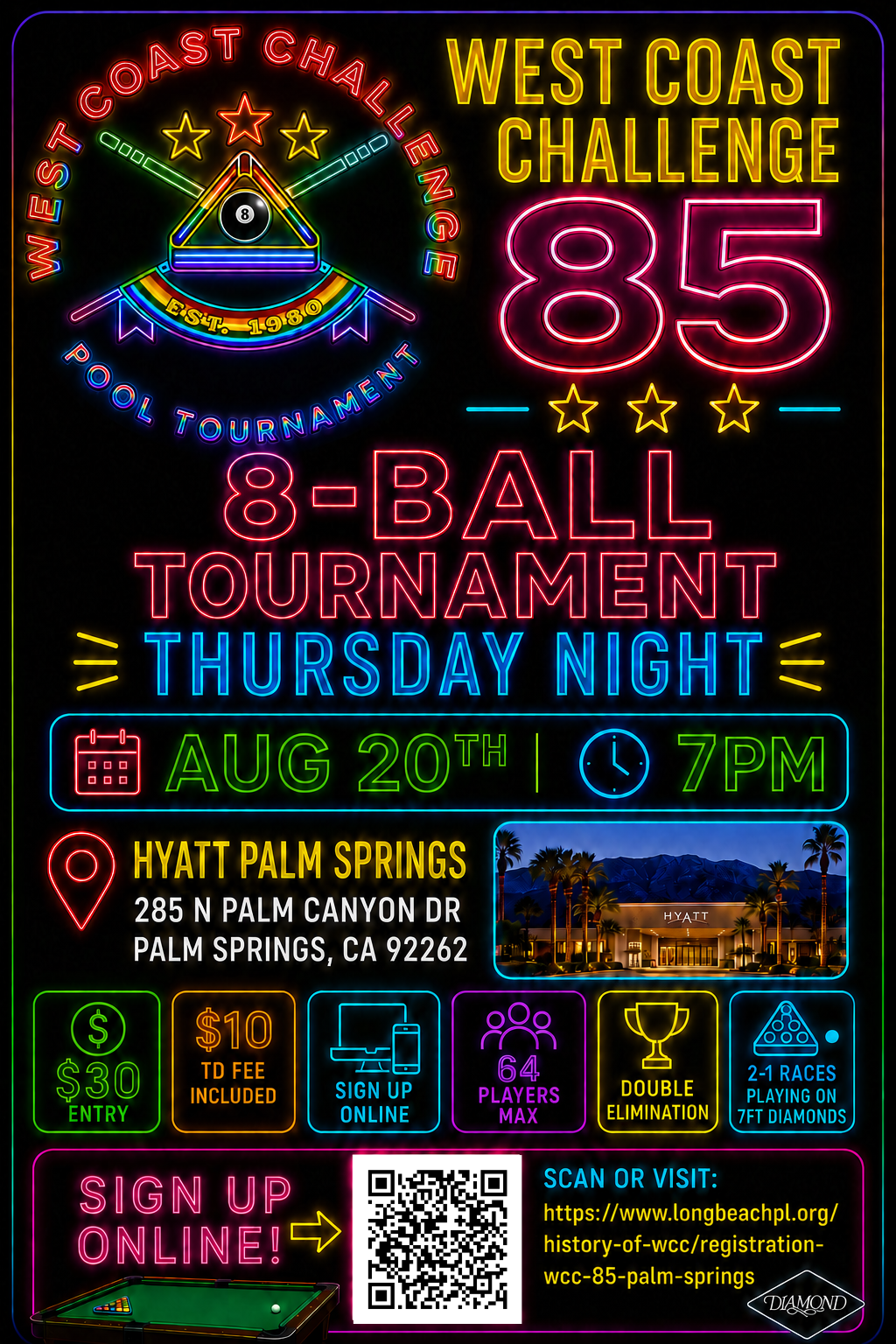 West Coast Challenge 85 Night Tournaments: Thursday 8-Ball tournament flyer