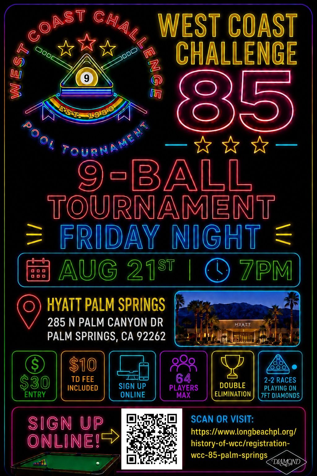 West Cost Challenge 85 Open Friday Night 9-Ball tournament flyer