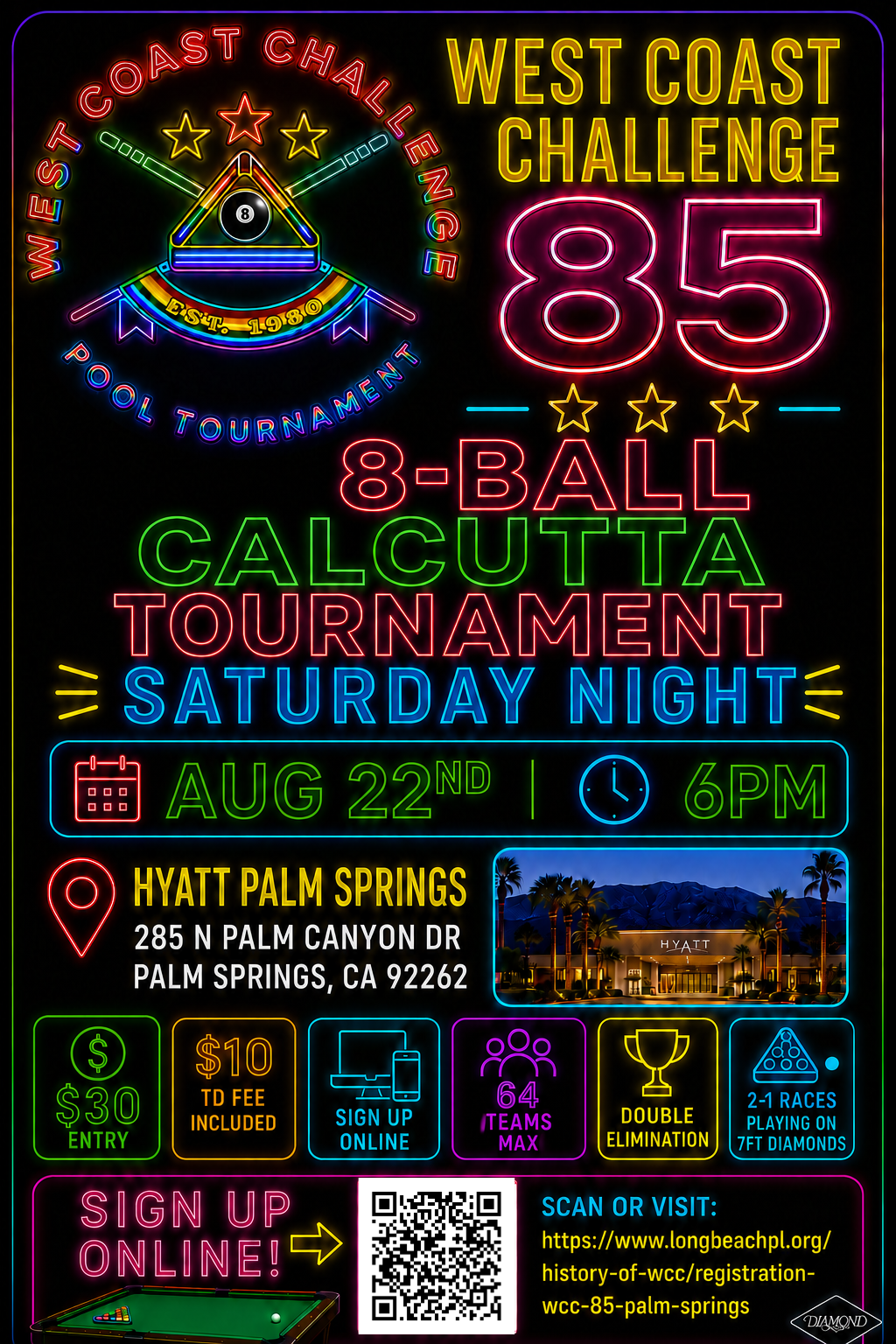 West Coast Challenge 85 Night Tournaments: Saturday Scotch Doubles Calcutta tournament flyer