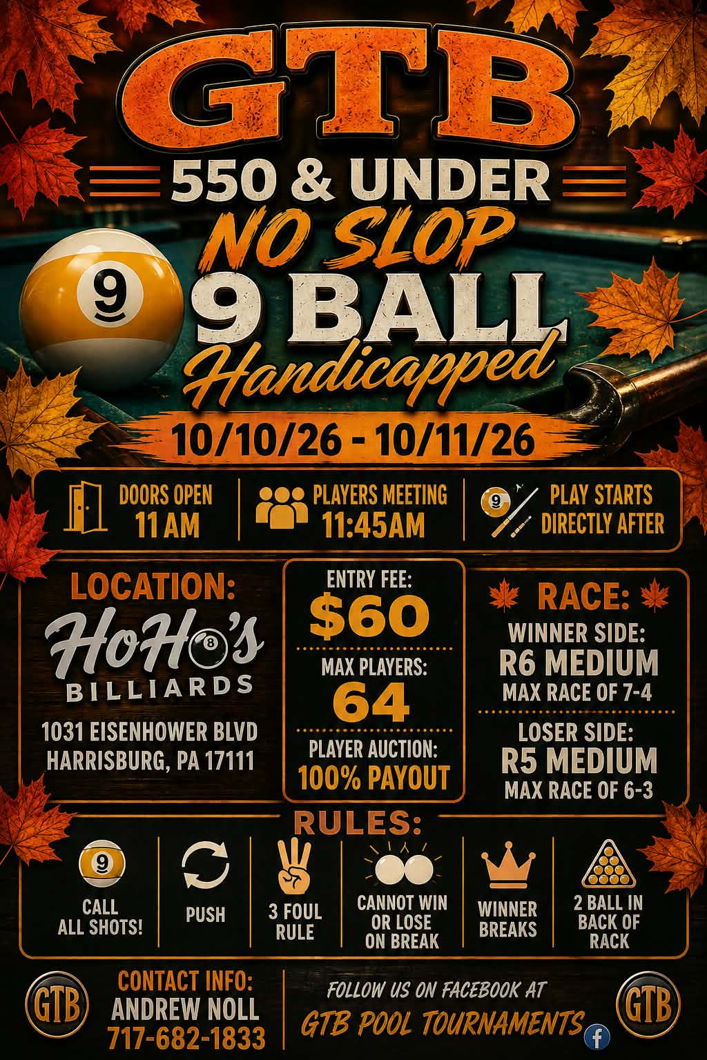 GTB 550 & Under No Slop 9 Ball Handicap tournament flyer
