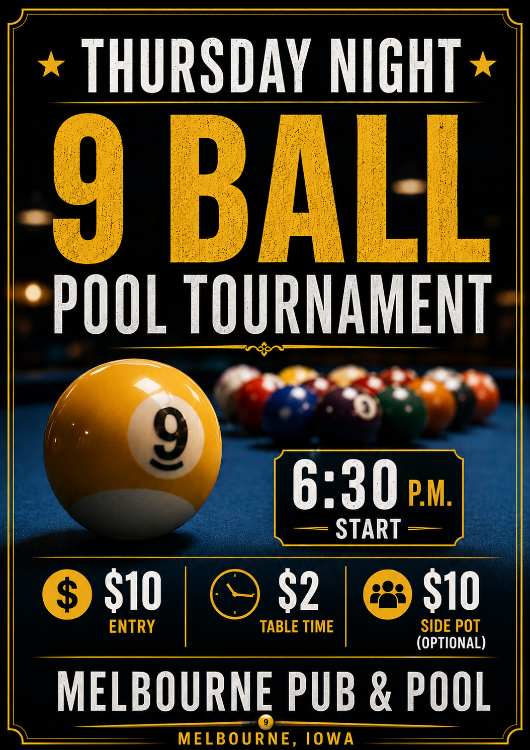 2026-09-17 Melbourne Pub & Pool Thursday Night Tournament. 9 ball tournament flyer