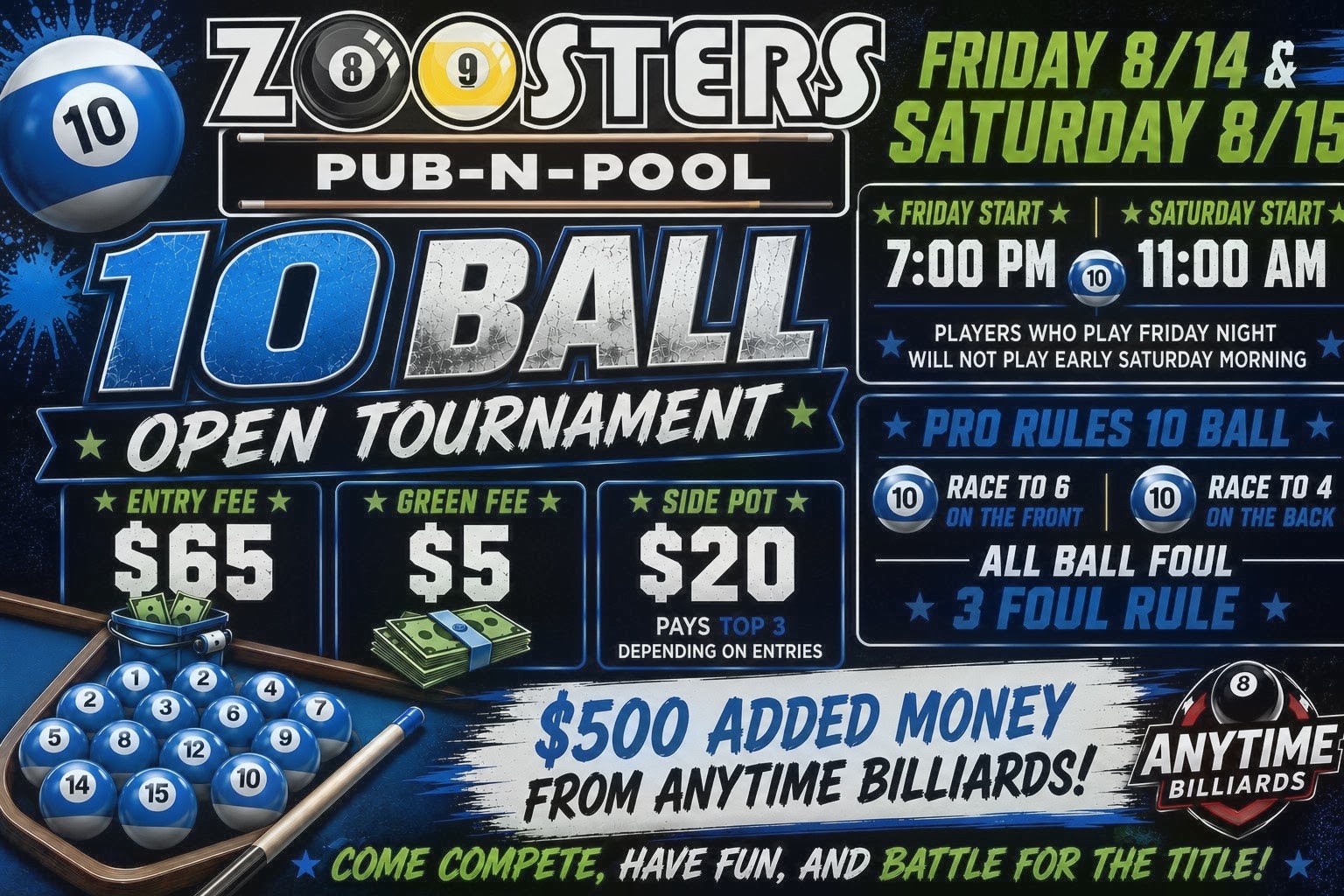 Zoosters 10 ball open tournament flyer
