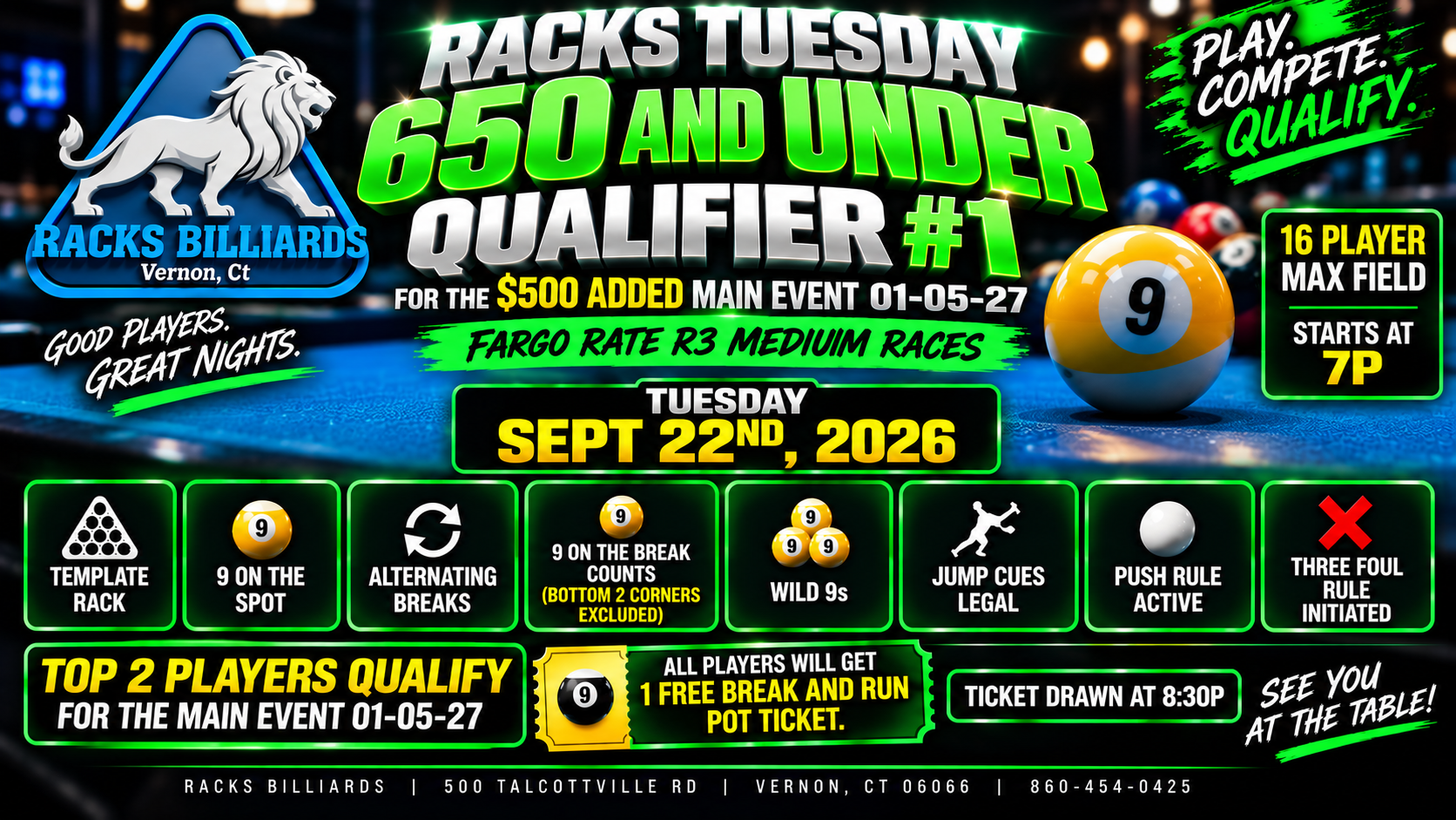 Racls Tuesday Nineball 650 and Under Tournament Qualifier #1 tournament flyer
