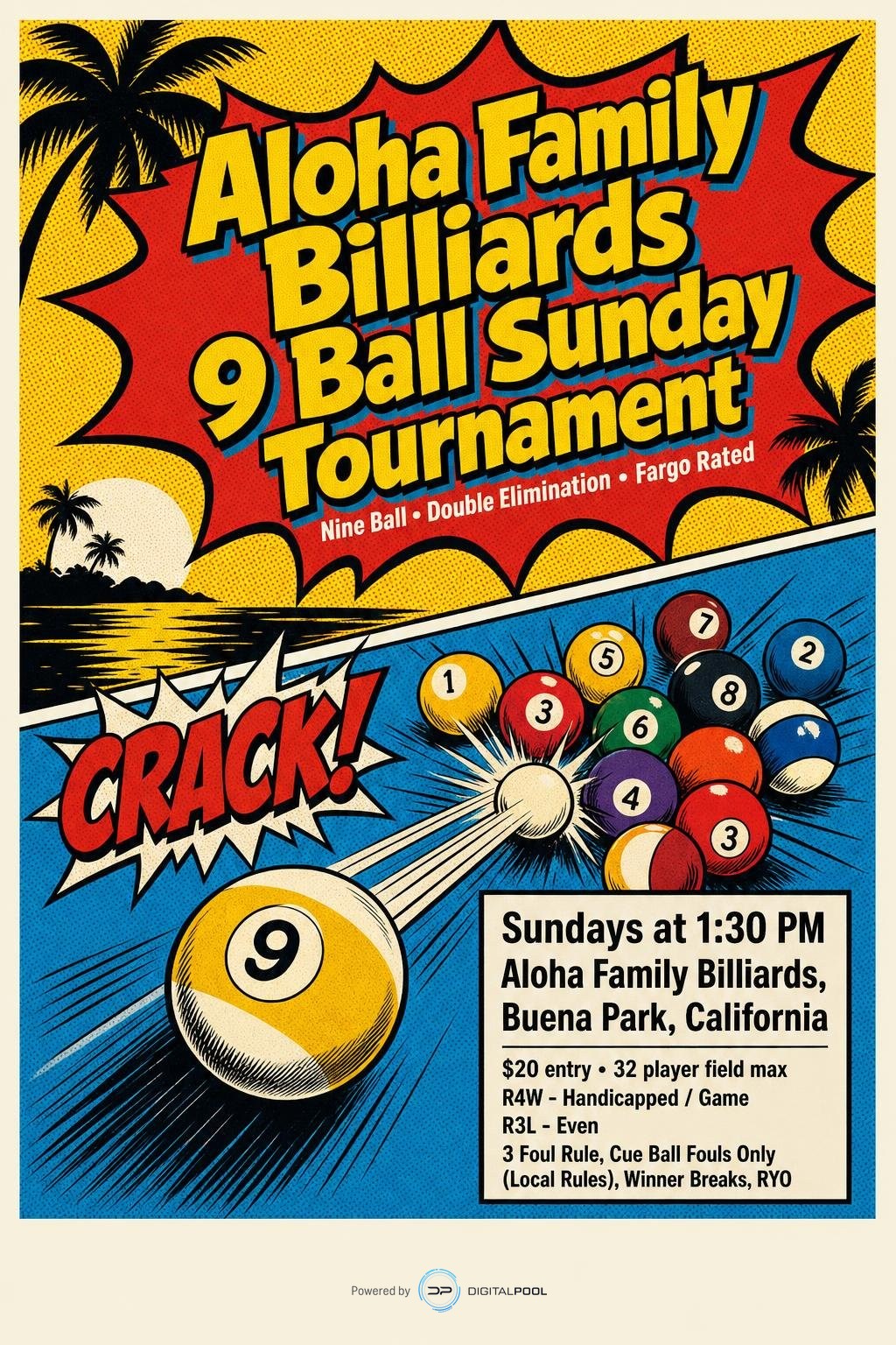 Aloha Family Billiards 9 Ball Sunday Tournament, 9/20/2026 tournament flyer
