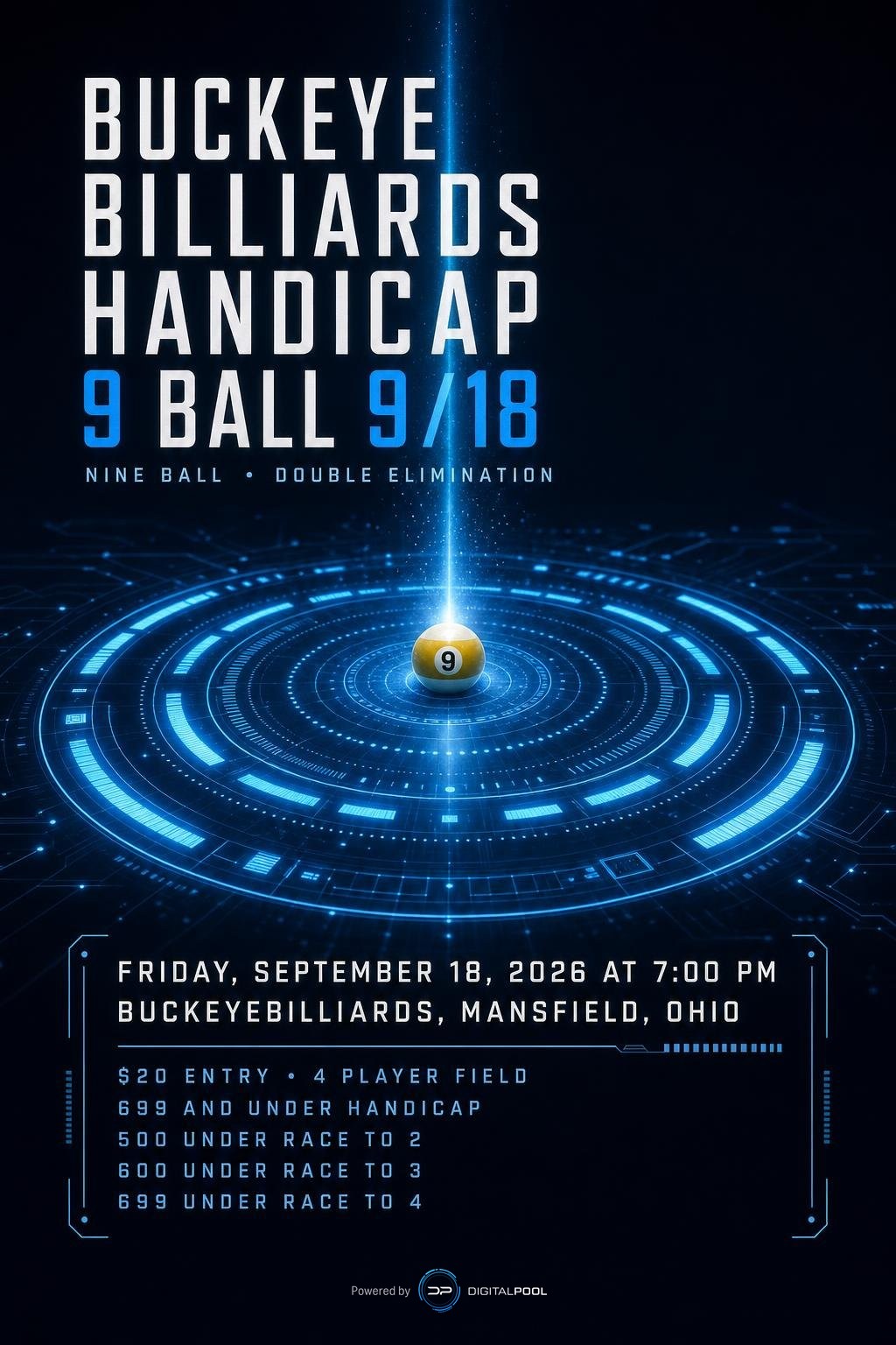 Buckeye Billiards Handicap 9 ball 9/18 tournament flyer